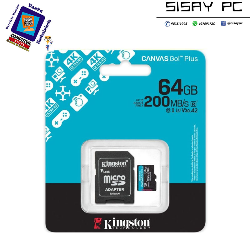 Tarjeta de Memoria Kingston CANVAS Go! Plus 64GB micro SD XC con Adaptador/ Clase 10/ 200MBs