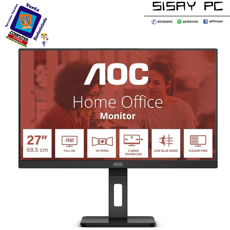 Monitor Profesional AOC 27E3QAF 27"/ Full HD/ Multimedia/ Regulable en altura/ Negro