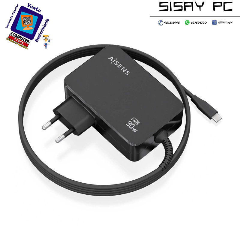 Cargador de Portátil GaN Aisens ASCH-1PD90WL034-BK/ 1xUSB Tipo-C + Cable 1.8m/ 90W/ Automático/ Voltaje 5-20V