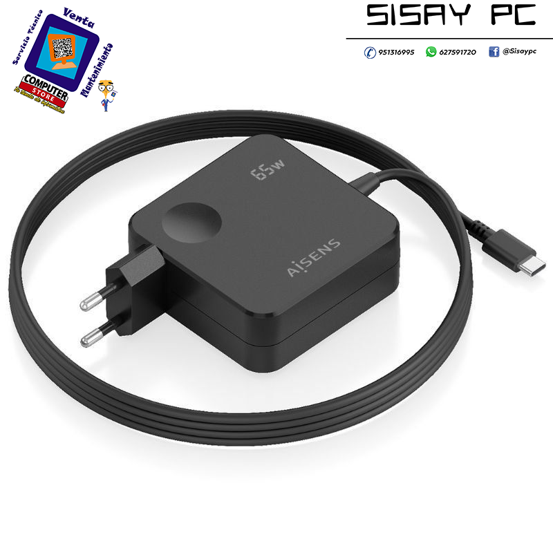 Cargador de Pared Aisens ASCH-1PD65WL80-BK/ 1xUSB Tipo-C/ 65W/ Negro