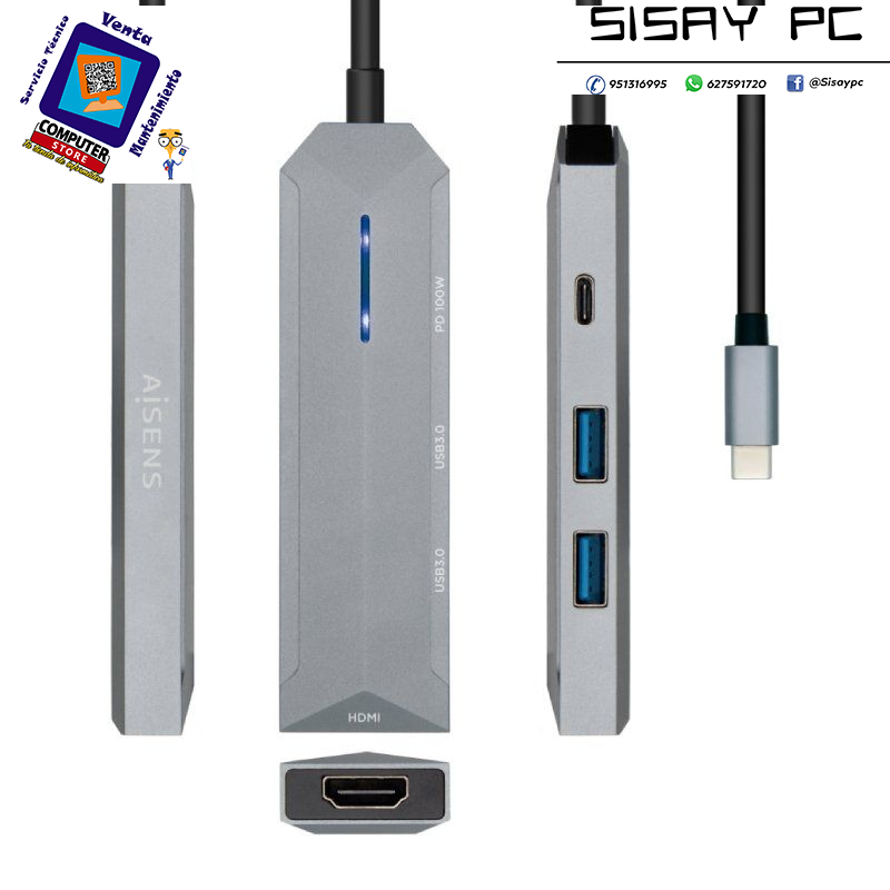 Docking USB Tipo-C Aisens ASUC-4P002-GR/ 1xHDMI/ 2xUSB/ 1xUSB Tipo-C PD/ Gris