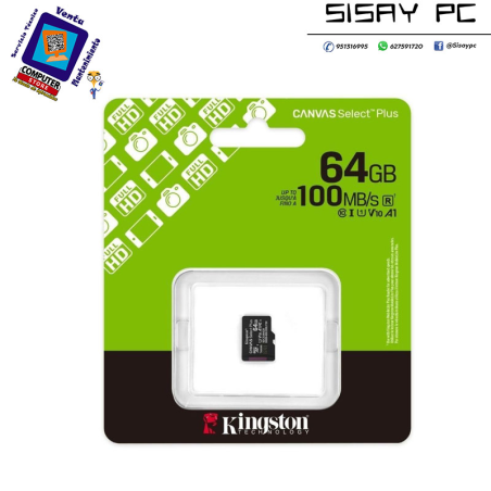 Tarjeta de Memoria Kingston CANVAS Select Plus 64GB micro SD XC/ Clase 10/ 100MBs