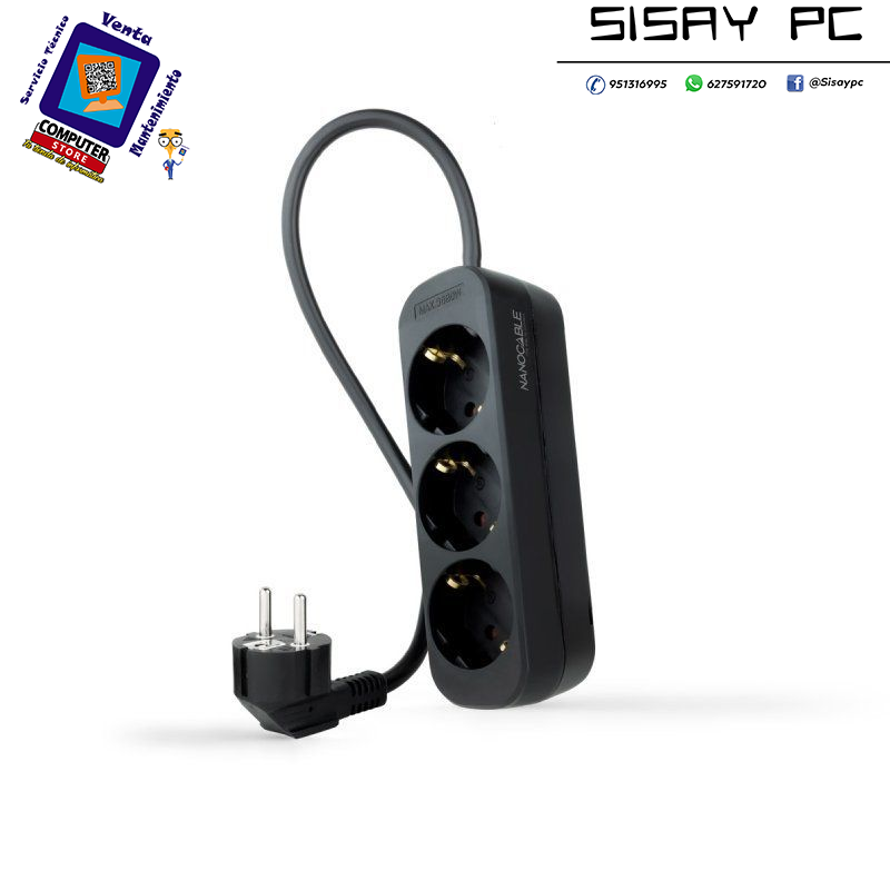 Regleta Nanocable 10.38.0003-NS-BK/ 3 Tomas de Corriente/ Cable 1.4m/ Negra