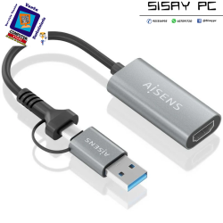 Conversor HDMI Aisens A109-0913/ USB + USB Tipo-C 3.1 Macho - HDMI Macho/ 15cm/ Gris