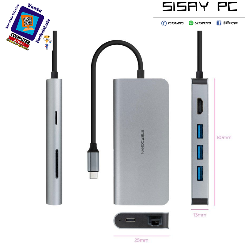Docking Tipo-C Nanocable 10.16.4609/ 3xUSB/ 1xHDMI 4K/ 1xRJ45/ 1xLector tarjetas/ 1xUSB Tipo-C PD/ Gris