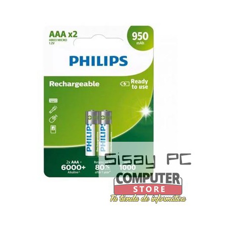 Pack de 2 Pilas AAA Philips R03B2A95/10/ 1.2V/ Recargables